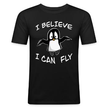 Lustiger Pinguin, I believe I can fly, Shirt Comic - Männer Slim Fit T-Shirt - Schwarz - Vorne - Nik (191cm)
