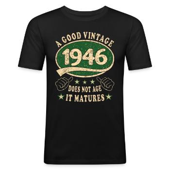 77. Geburtstag 1946 77er Guter Jahrgang - Männer Slim Fit T-Shirt - Schwarz - Vorne - Nik (191cm)