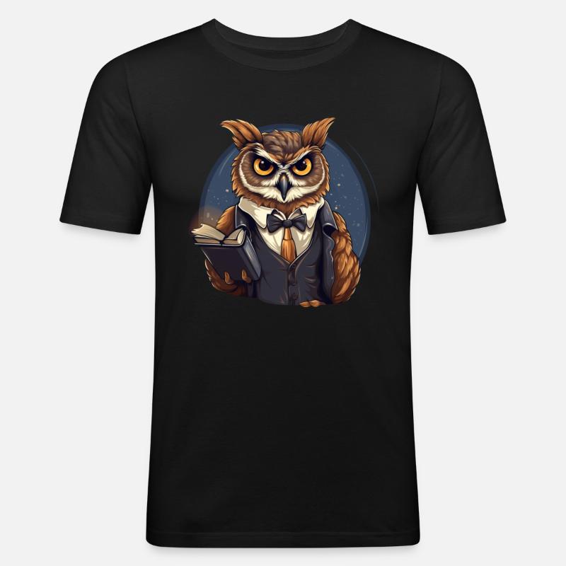 Lehrer Eule mit Buch - Männer Slim Fit T-Shirt - Schwarz