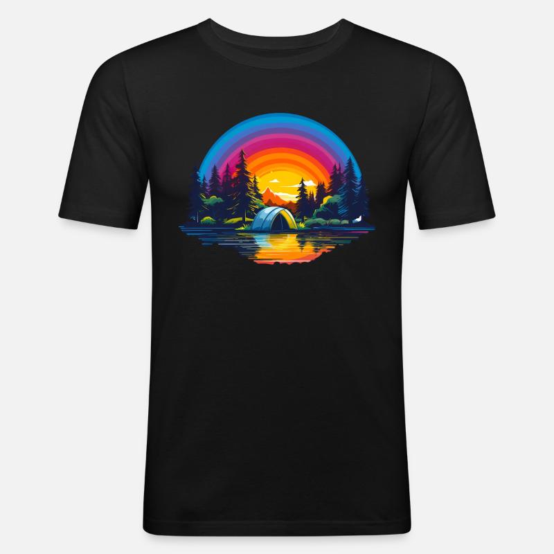 Regenbogen Camping - Männer Slim Fit T-Shirt - Schwarz