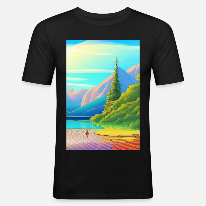 Landschaft mit See, Boot und Berge - Männer Slim Fit T-Shirt - Schwarz