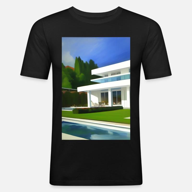 Weiße Villa mit Pool - Männer Slim Fit T-Shirt - Schwarz