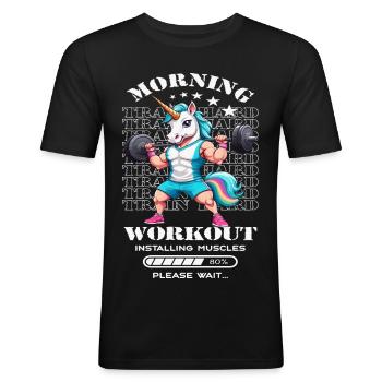 Enhjørning morgen træning - Herre Slim Fit T-Shirt - sort - Foran - Nik (191cm)