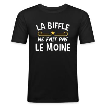 La biffle ne fait pas le moine humour. Humour noir - T-shirt près du corps Homme - noir - Devant - Nik (191cm)