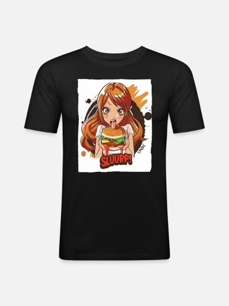 Anime-Mädchen liebt große Burger - Männer Slim Fit T-Shirt - Schwarz