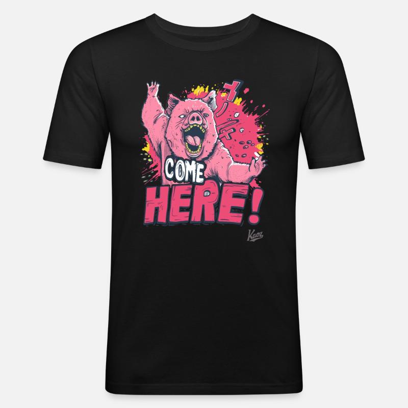 Wütender Bären-Schwein-Kampf: Komm her! - Männer Slim Fit T-Shirt - Schwarz