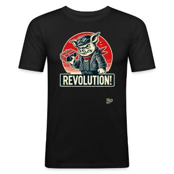 Retro Arbeiter Schwein lustige Revolution - Männer Slim Fit T-Shirt - Schwarz - Vorne - Nik (191cm)