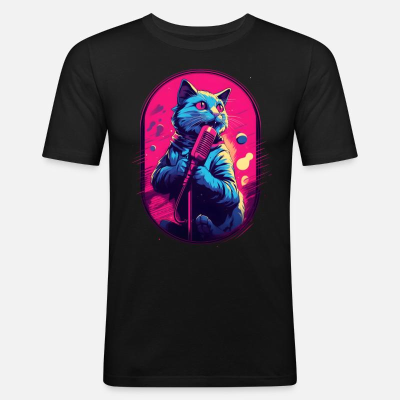 Singende Katze Mikrofon - Männer Slim Fit T-Shirt - Schwarz