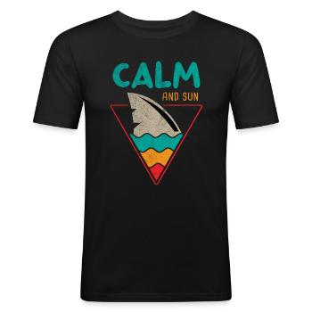 Tranquillité et Soleil Rétro Vintage Shark Surfer Été - T-shirt près du corps Homme - noir - Devant - Nik (191cm)