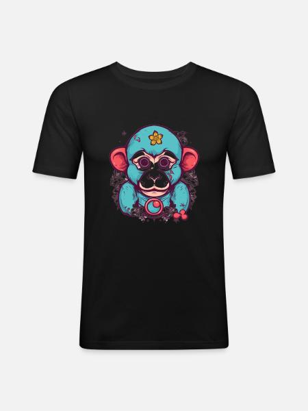Mignon Anime Style Macaque Kawaii - T-shirt près du corps Homme - noir