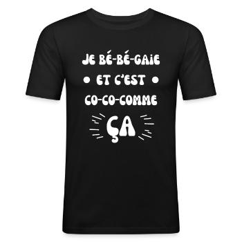 Je bé bé gaie et c est co co comme ça - T-shirt près du corps Homme - noir - Devant - Nik (191cm)