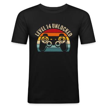 14.Geburtstag - 14 Jahre Gamer Level 14 unlocked - Männer Slim Fit T-Shirt - Schwarz - Vorne - Nik (191cm)