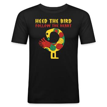 "Pay attention to the bird, follow the heart" - Men's Slim Fit T-Shirt - black - Front - Nik (191cm)