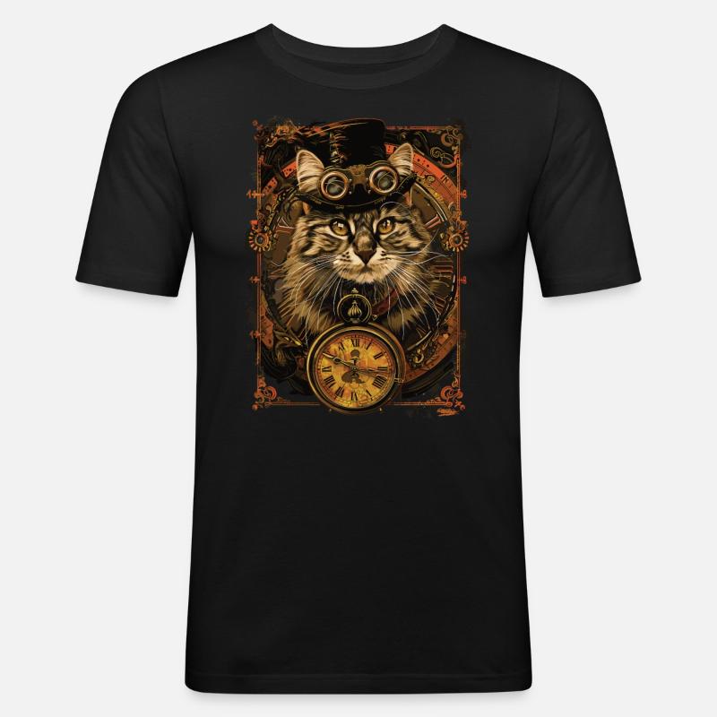 Steampunk-katze - Männer Slim Fit T-Shirt - Schwarz