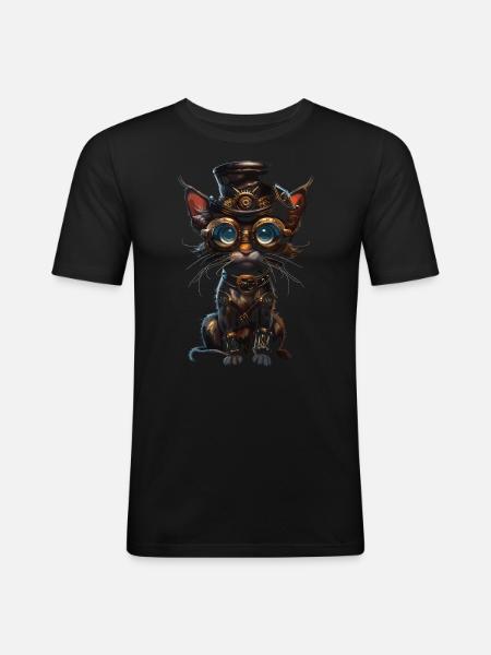 Steampunk-katze - Männer Slim Fit T-Shirt - Schwarz