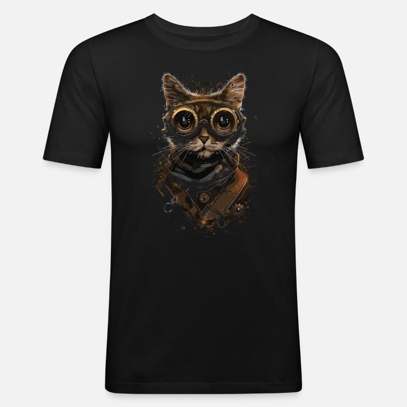 Steampunk-katze - Männer Slim Fit T-Shirt - Schwarz