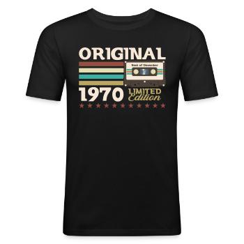 53e anniversaire Cassette décembre Vintage des années 1970 - T-shirt près du corps Homme - noir - Devant - Nik (191cm)