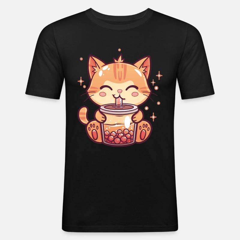 Katze trinkt Bubble Tea - Männer Slim Fit T-Shirt - Schwarz