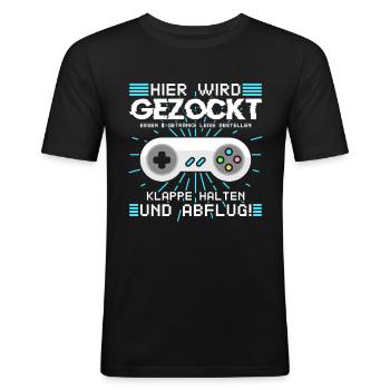 Lustiger Gamer Spruch für Zocker - Männer Slim Fit T-Shirt - Schwarz - Vorne - Nik (191cm)