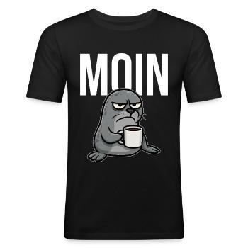 MOIN – Grummelnder Seehund mit Kaffee | Morgenmuff - Männer Slim Fit T-Shirt - Schwarz - Vorne - Nik (191cm)