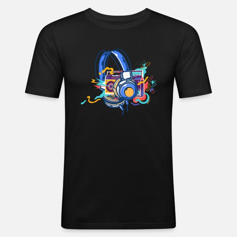 Techno Lover Bunte Kopfhörer Musik - Männer Slim Fit T-Shirt - Schwarz