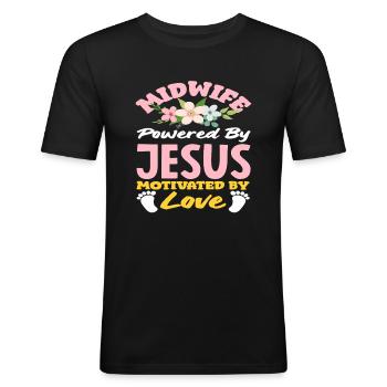 Sage-femme poussée par l’amour de Jésus - T-shirt près du corps Homme - noir - Devant - Nik (191cm)