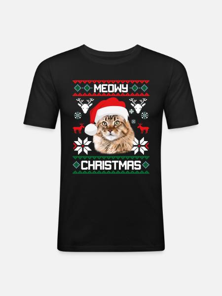 Meowy Natale Gatto Maine Coon Merry Xmas - Maglietta aderente da uomo - nero