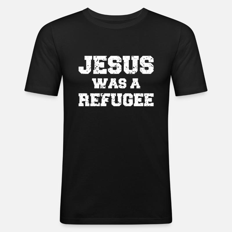 Jesus was a refugee - Männer Slim Fit T-Shirt - Schwarz