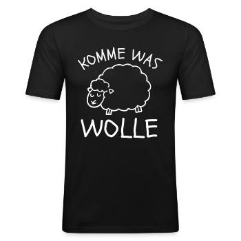 LUSTIGE SCHAF GESCHENKIDEE, KOMME WAS WOLLE SPRUCH - Männer Slim Fit T-Shirt - Schwarz - Vorne - Nik (191cm)