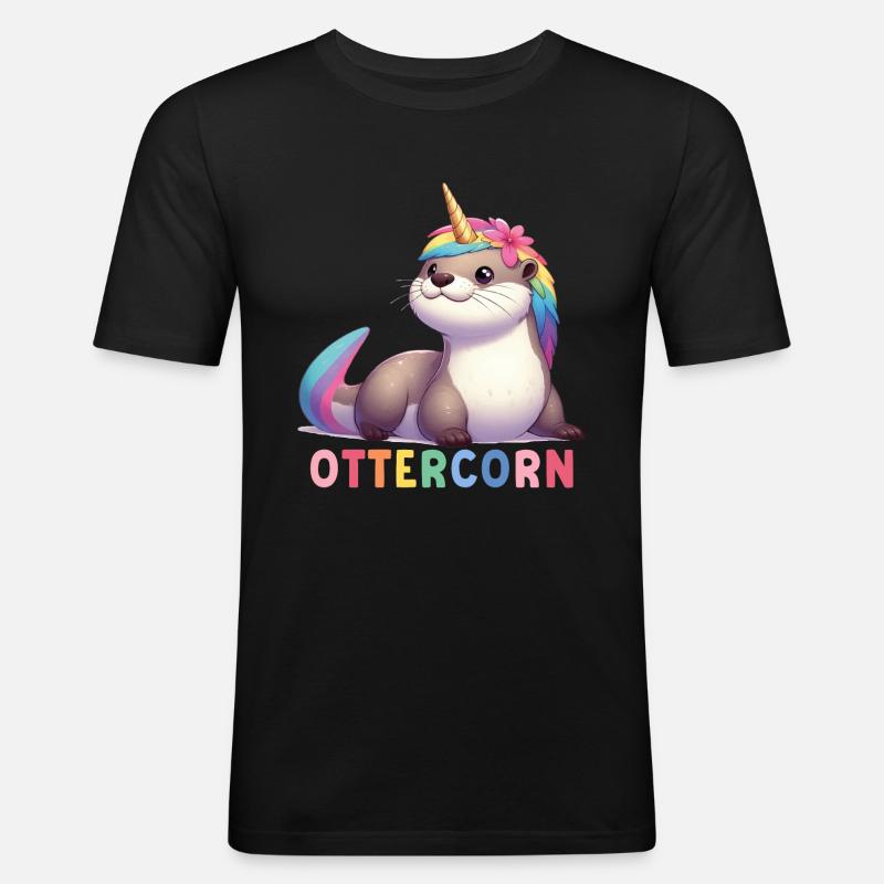 Otter Einhorn - Männer Slim Fit T-Shirt - Schwarz