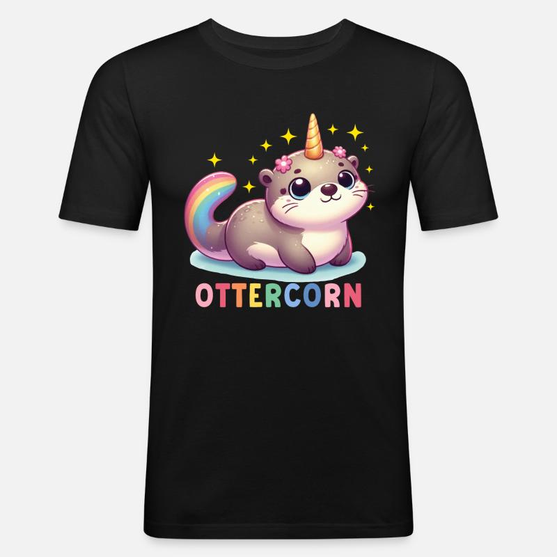 Otter Einhorn - Männer Slim Fit T-Shirt - Schwarz