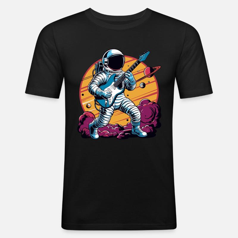 Retro E-Gitarrist Astronaut - Männer Slim Fit T-Shirt - Schwarz