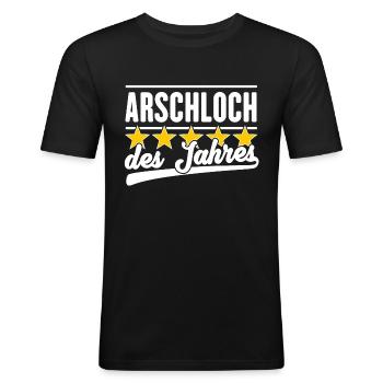 Arschloch des Jahres - Männer Slim Fit T-Shirt - Schwarz - Vorne - Nik (191cm)