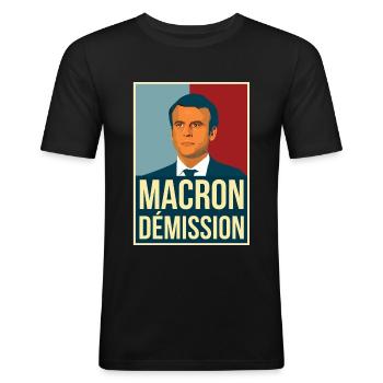 Anti Macron dehors démission manifs vintage rétro - T-shirt près du corps Homme - noir - Devant - Nik (191cm)