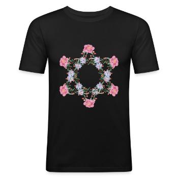 Fleurs de l'étoile de David juive - T-shirt près du corps Homme - noir - Devant - Nik (191cm)