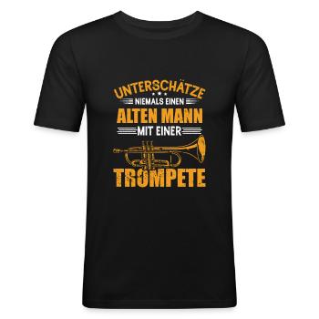 Unterschätze Niemals Einen Alten Mann Mit Trompete - Männer Slim Fit T-Shirt - Schwarz - Vorne - Nik (191cm)