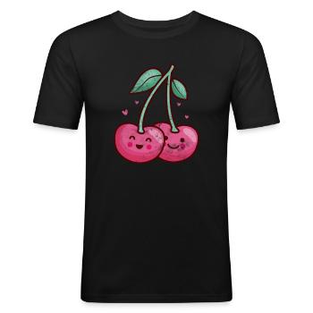 Kirsche - Männer Slim Fit T-Shirt - Schwarz - Vorne - Nik (191cm)