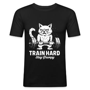 Grumpy Fitness Katze mit Hantel - Männer Slim Fit T-Shirt - Schwarz - Vorne - Nik (191cm)