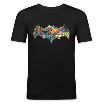 DC Comics Batman Logo Bande Dessinée Rétro - T-shirt près du corps Homme - noir - Devant - Nik (191cm)