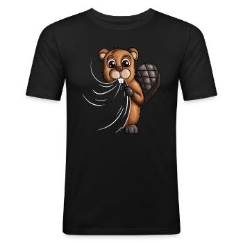 Biberdamm Biber Fan Biber knappert dein Shirt an - Männer Slim Fit T-Shirt - Schwarz - Vorne - Nik (191cm)