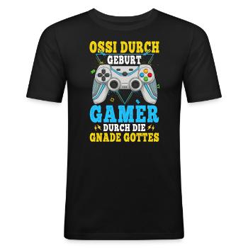 Ossi et les gamers - T-shirt près du corps Homme - noir - Devant - Nik (191cm)
