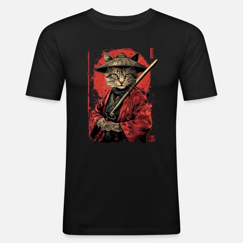 Cat Samurai Funny Gift - Men's Slim Fit T-Shirt - black
