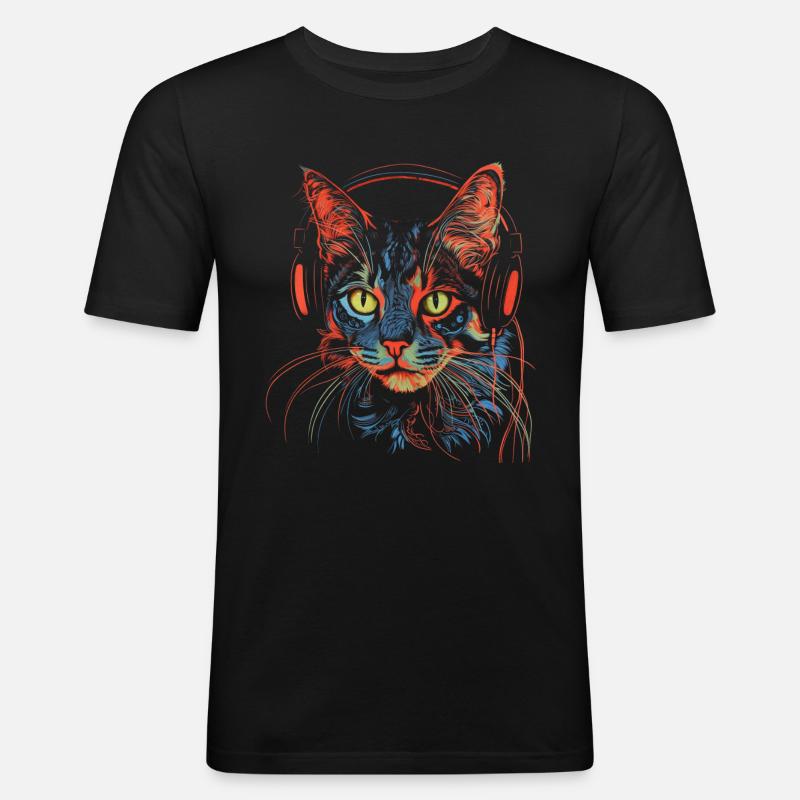 Katze Musik Kopfhörer Geschenk - Männer Slim Fit T-Shirt - Schwarz