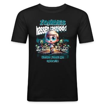 Zombies hassen Fastfood - Männer Slim Fit T-Shirt - Schwarz - Vorne - Nik (191cm)