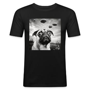 Selfie Mops Ufo Hund Lustige Alien Ufo - Männer Slim Fit T-Shirt - Schwarz - Vorne - Nik (191cm)