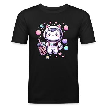 Kawaii Cat Astronaut Bubble Tea in Space - Men's Slim Fit T-Shirt - black - Front - Nik (191cm)
