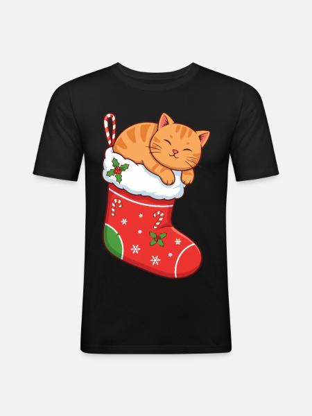 Cuddly cat in festive boots - Men's Slim Fit T-Shirt - black