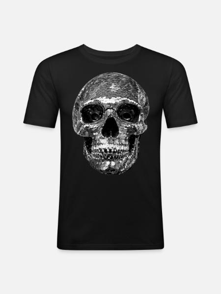 Dödskalle, metallic, paljetter, nitar, silver - Slim Fit T-shirt herr - svart