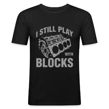 Ik speel nog steeds met blokken Grappige monteur - Mannen slim fit T-shirt - zwart - Voor - Nik (191cm)