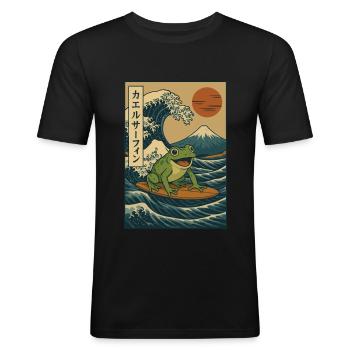 Surfender Frosch, Japanische Welle, Kunst, Berg Fuji, Rote Sonne - Männer Slim Fit T-Shirt - Schwarz - Vorne - Nik (191cm)